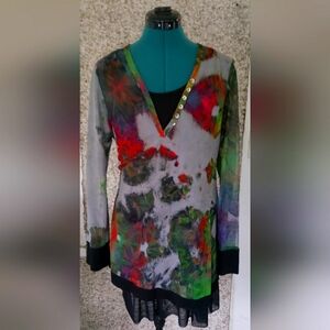 Zoe Light Weight Sheer Top With Attached Tank Top Multicolored Medium
